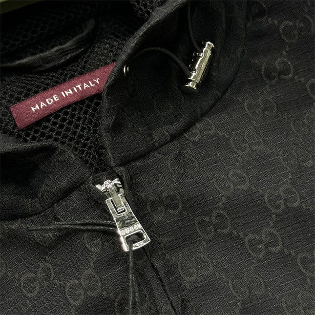 Gucci Black GG Monogram Zip-Up Hooded Jacket