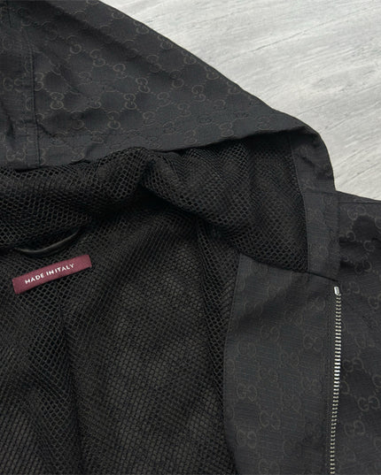 Gucci Black GG Monogram Zip-Up Hooded Jacket