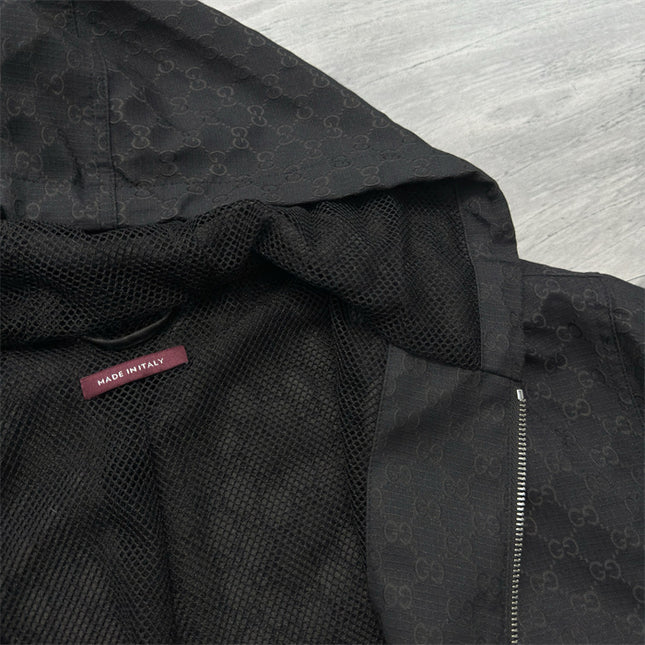 Gucci Black GG Monogram Zip-Up Hooded Jacket