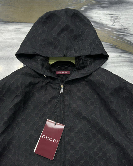 Gucci Black GG Monogram Zip-Up Hooded Jacket