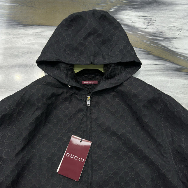 Gucci Black GG Monogram Zip-Up Hooded Jacket