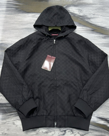 Gucci Black GG Monogram Zip-Up Hooded Jacket