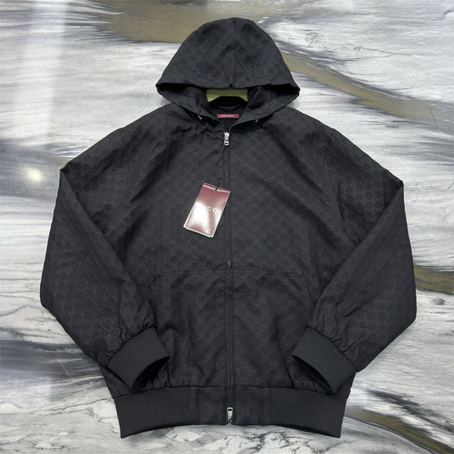 Gucci Black GG Monogram Zip-Up Hooded Jacket