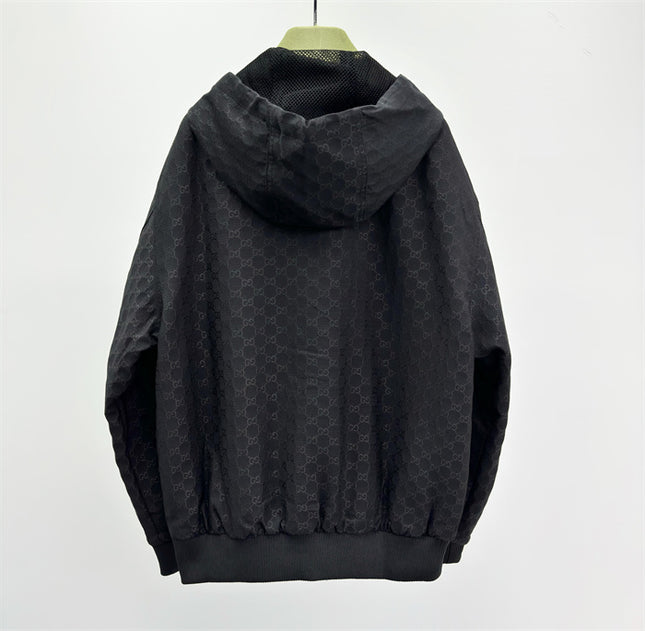 Gucci Black GG Monogram Zip-Up Hooded Jacket