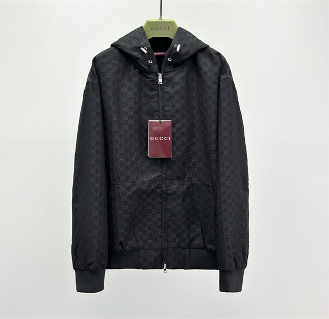 Gucci Black GG Monogram Zip-Up Hooded Jacket