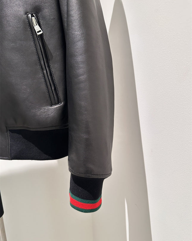 Gucci Black Leather Bomber Jacket – Embroidered Logo Edition