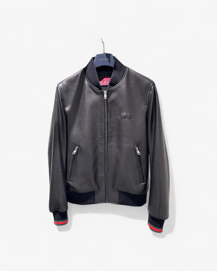 Gucci Black Leather Bomber Jacket – Embroidered Logo Edition