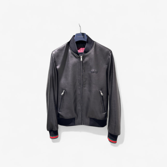 Gucci Black Leather Bomber Jacket – Embroidered Logo Edition