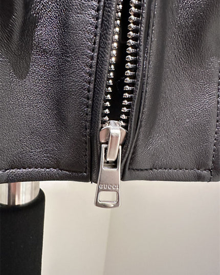 Gucci Black Leather Bomber Jacket – Embroidered Logo Edition