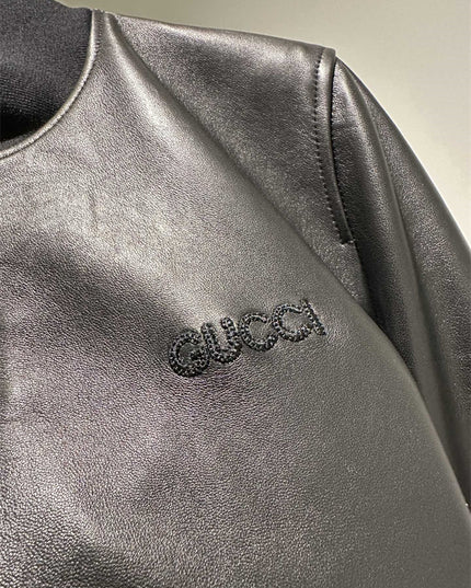 Gucci Black Leather Bomber Jacket – Embroidered Logo Edition