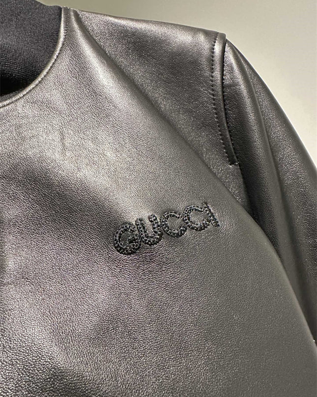 Gucci Black Leather Bomber Jacket – Embroidered Logo Edition