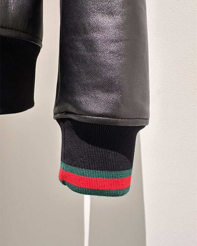 Gucci Black Leather Bomber Jacket – Embroidered Logo Edition