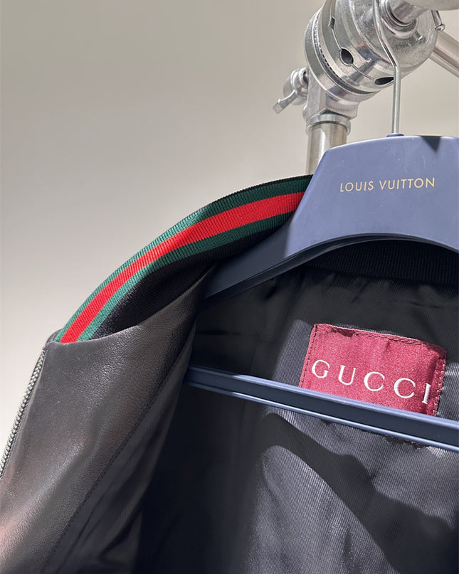 Gucci Black Leather Bomber Jacket – Embroidered Logo Edition