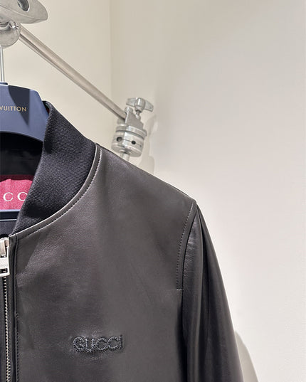 Gucci Black Leather Bomber Jacket – Embroidered Logo Edition