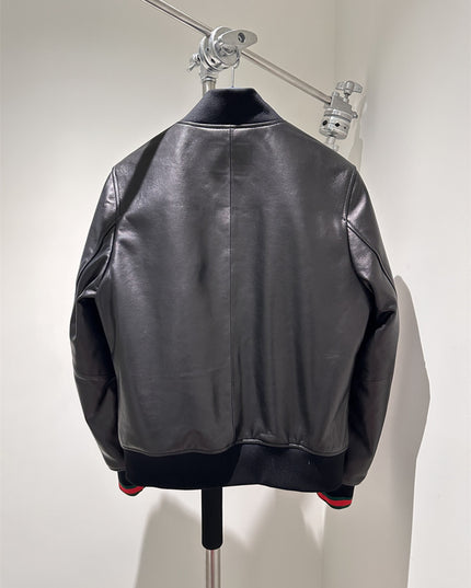 Gucci Black Leather Bomber Jacket – Embroidered Logo Edition