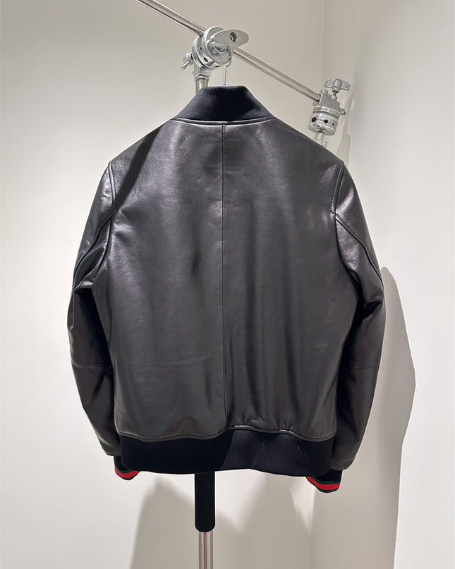 Gucci Black Leather Bomber Jacket – Embroidered Logo Edition