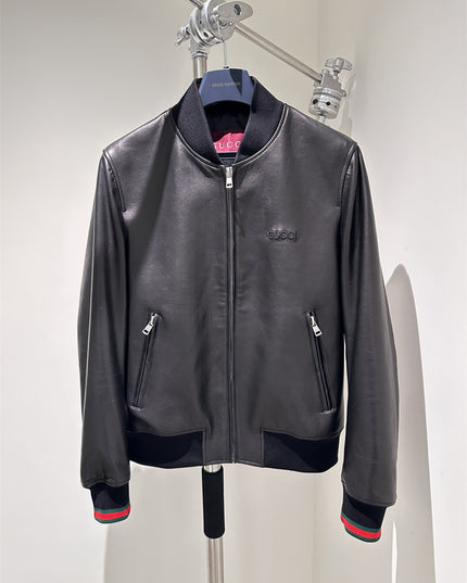 Gucci Black Leather Bomber Jacket – Embroidered Logo Edition