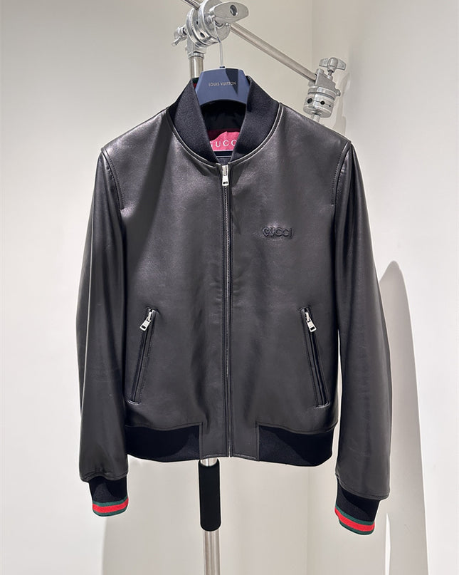 Gucci Black Leather Bomber Jacket – Embroidered Logo Edition