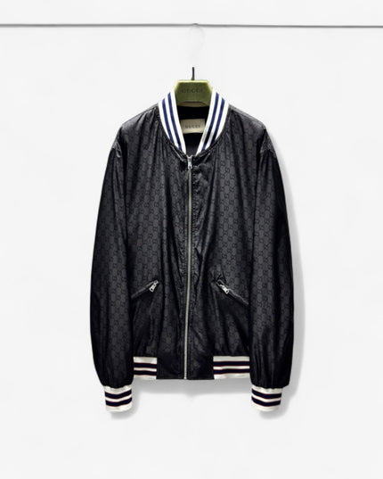 Gucci Black Satin Monogram Bomber Jacket