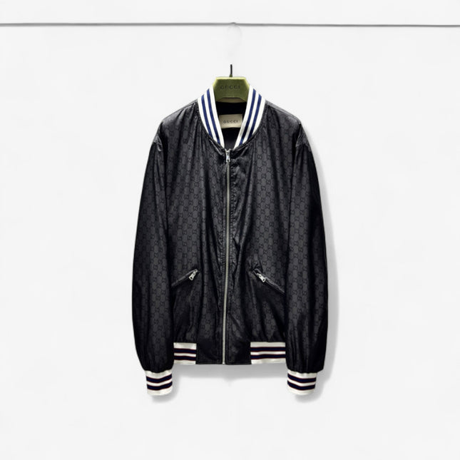 Gucci Black Satin Monogram Bomber Jacket
