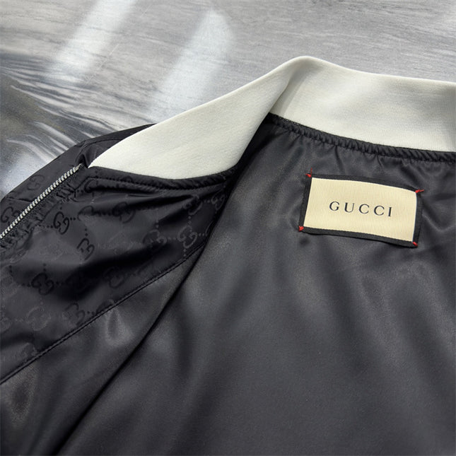 Gucci Black Satin Monogram Bomber Jacket