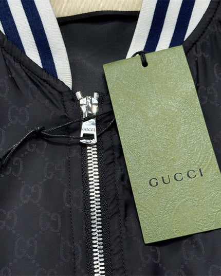 Gucci Black Satin Monogram Bomber Jacket