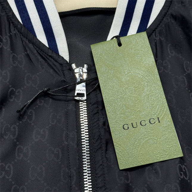 Gucci Black Satin Monogram Bomber Jacket