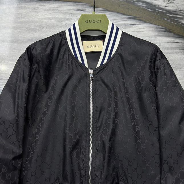 Gucci Black Satin Monogram Bomber Jacket