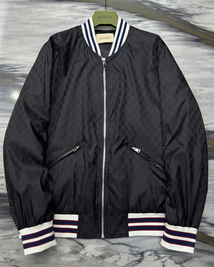 Gucci Black Satin Monogram Bomber Jacket