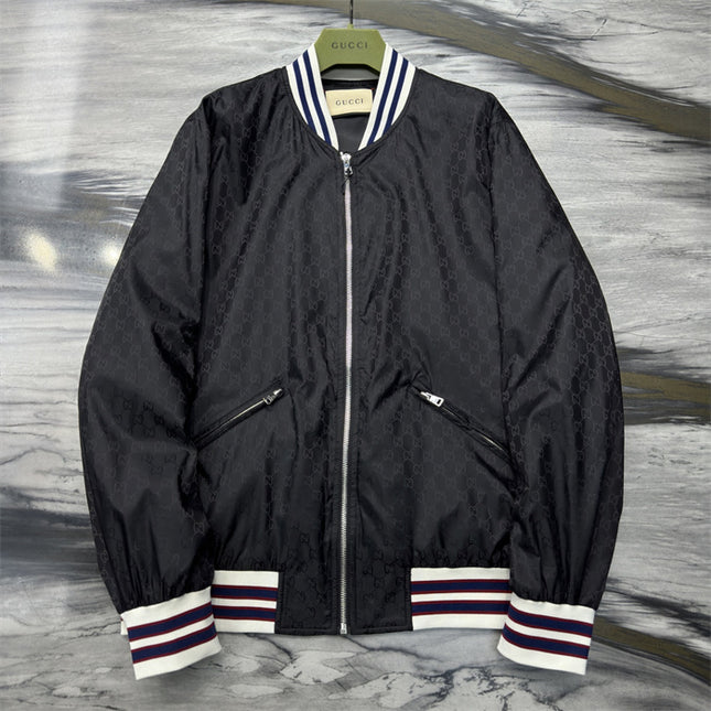 Gucci Black Satin Monogram Bomber Jacket