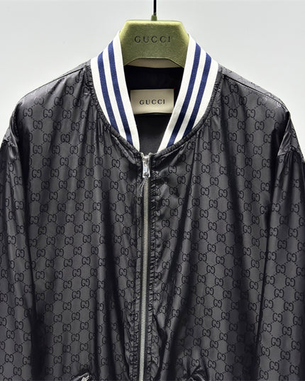 Gucci Black Satin Monogram Bomber Jacket