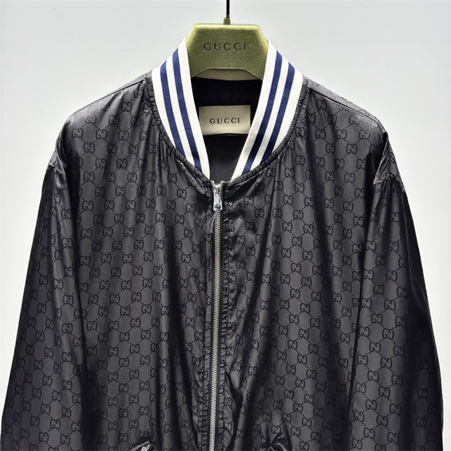 Gucci Black Satin Monogram Bomber Jacket