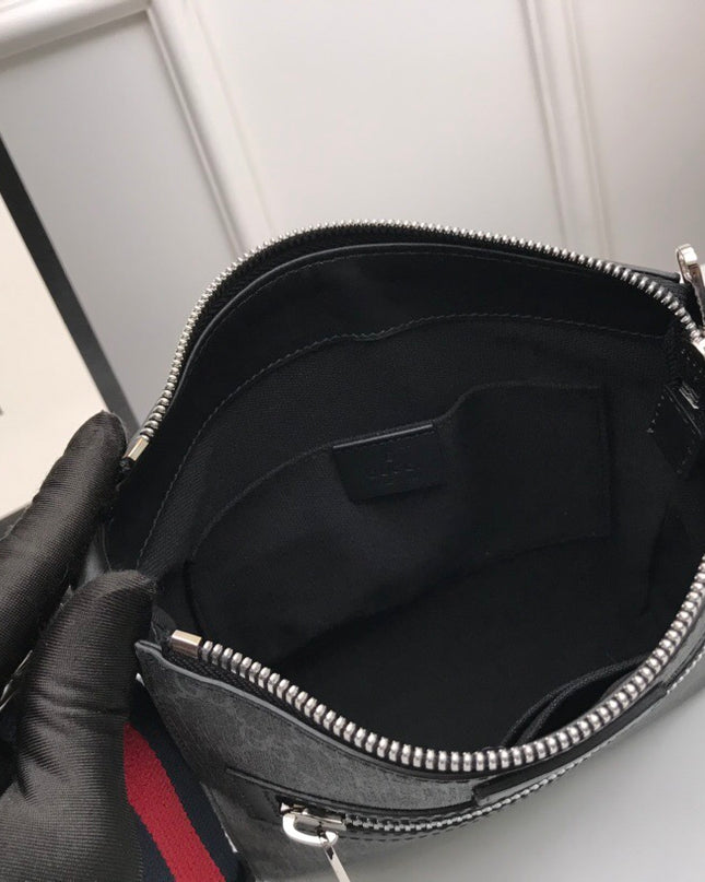 Gucci Black Small Messenger Bag ‎– Black/Gray with Blue-Red Web Strap
