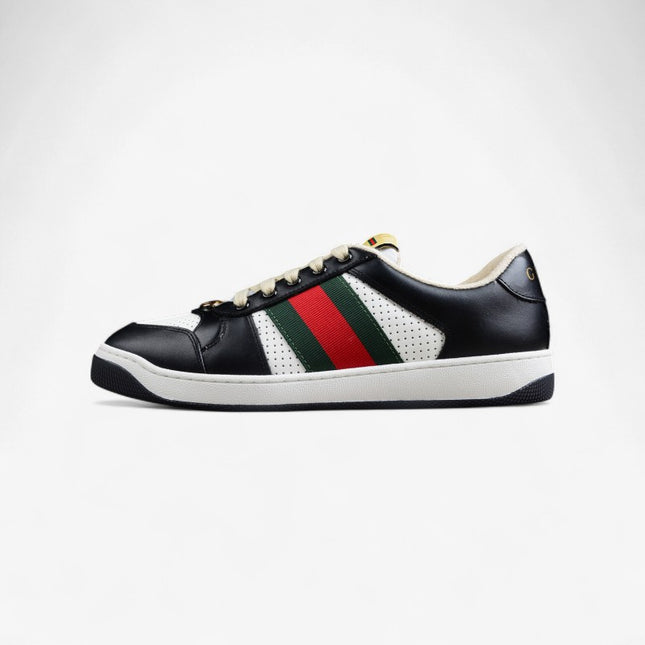 Gucci Black & White Leather Sneaker with Green-Red Web Stripe