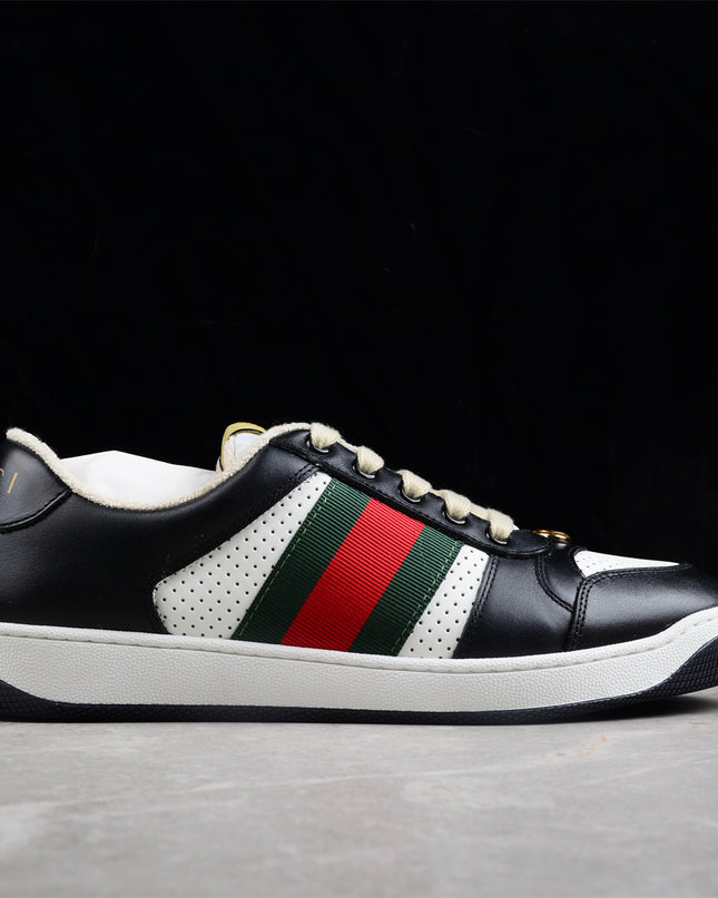Gucci Black & White Leather Sneaker with Green-Red Web Stripe