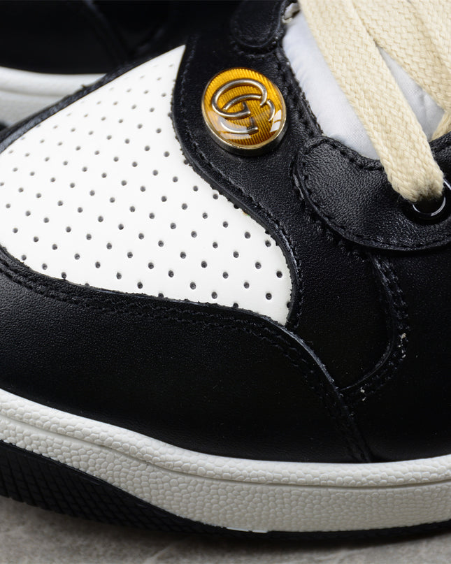 Gucci Black & White Leather Sneaker with Green-Red Web Stripe
