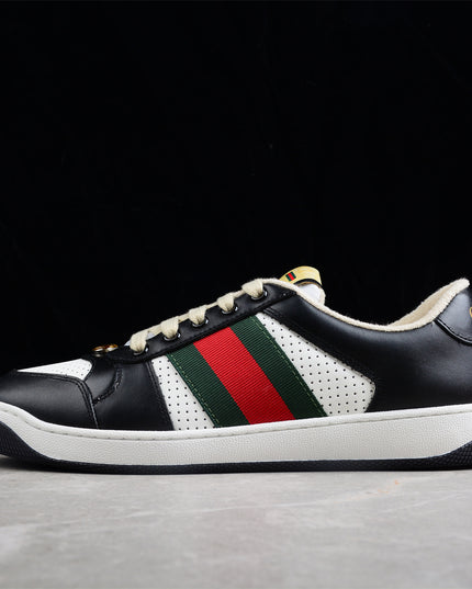 Gucci Black & White Leather Sneaker with Green-Red Web Stripe