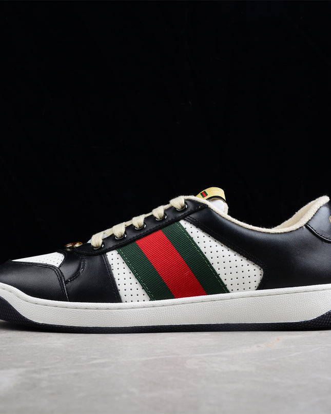 Gucci Black & White Leather Sneaker with Green-Red Web Stripe