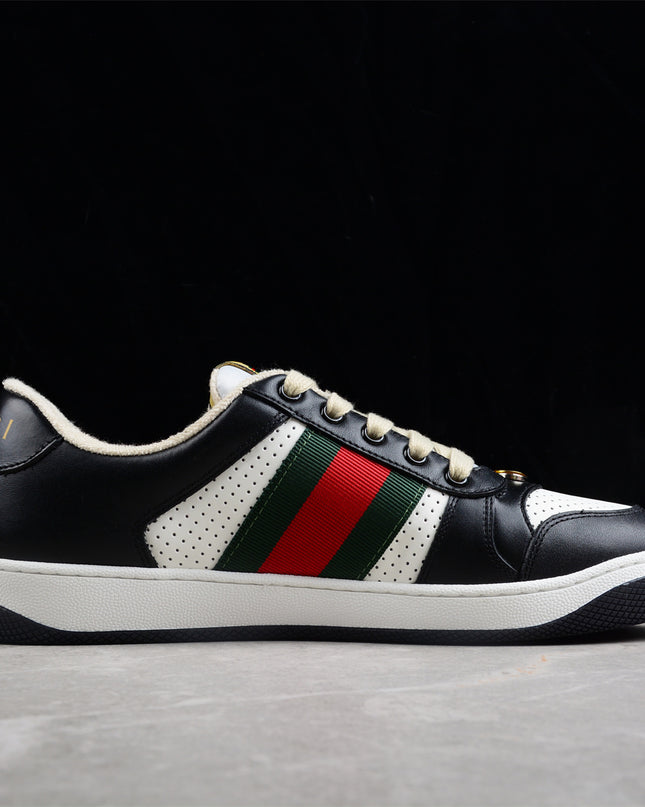 Gucci Black & White Leather Sneaker with Green-Red Web Stripe