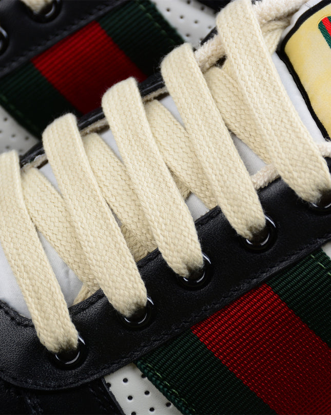 Gucci Black & White Leather Sneaker with Green-Red Web Stripe