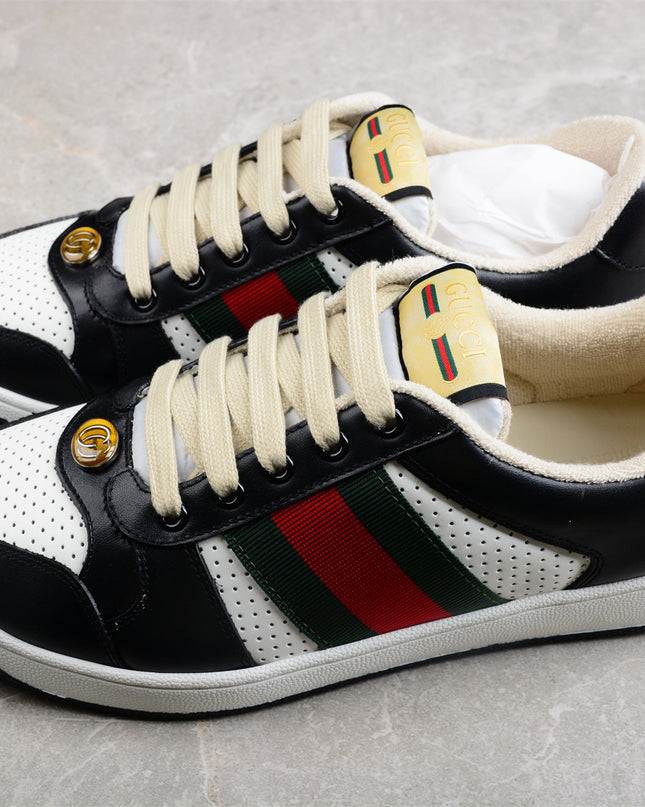 Gucci Black & White Leather Sneaker with Green-Red Web Stripe