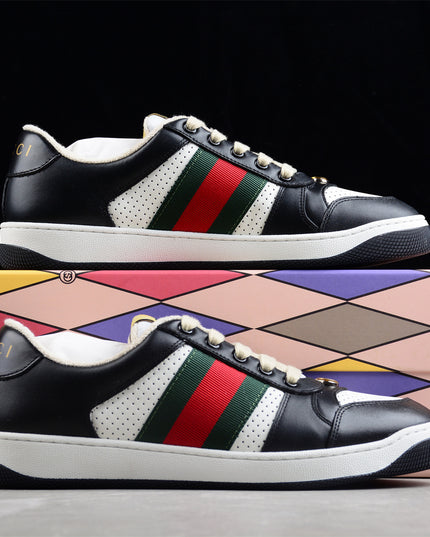 Gucci Black & White Leather Sneaker with Green-Red Web Stripe