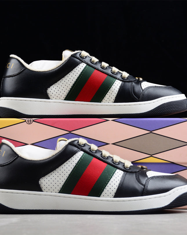 Gucci Black & White Leather Sneaker with Green-Red Web Stripe