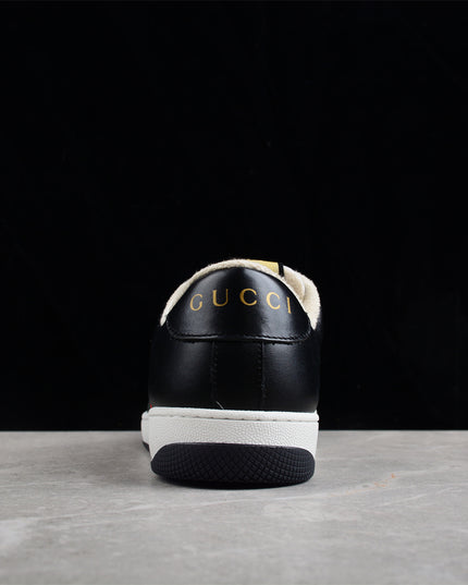 Gucci Black & White Leather Sneaker with Green-Red Web Stripe