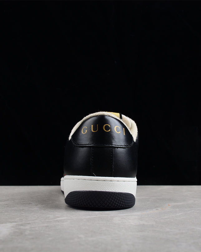 Gucci Black & White Leather Sneaker with Green-Red Web Stripe
