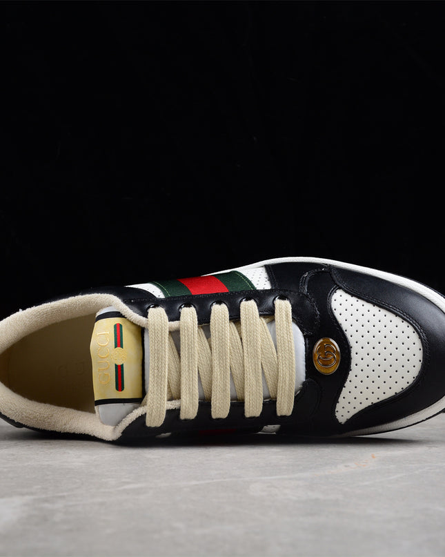 Gucci Black & White Leather Sneaker with Green-Red Web Stripe