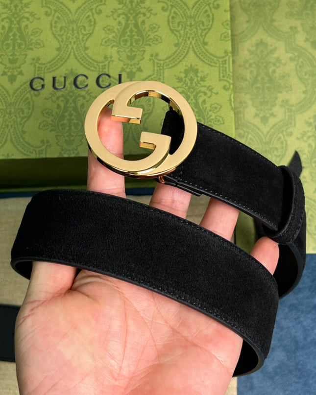 Gucci Blondie Belt 703147 Black Suede with Gold Interlocking G Buckle