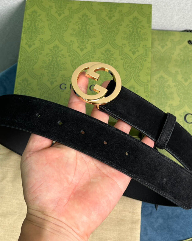 Gucci Blondie Belt 703147 Black Suede with Gold Interlocking G Buckle