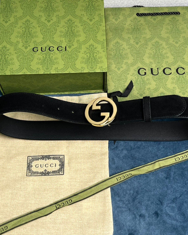 Gucci Blondie Belt 703147 Black Suede with Gold Interlocking G Buckle
