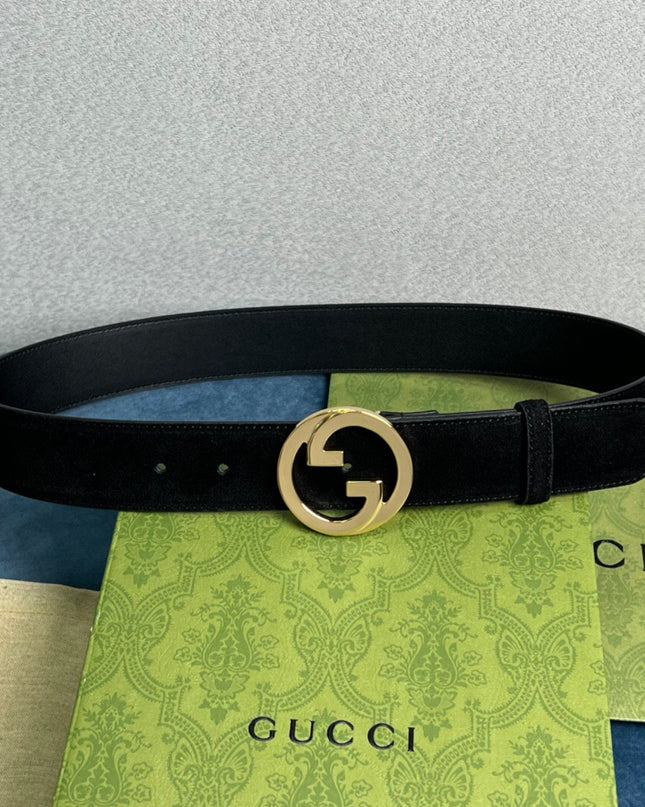 Gucci Blondie Belt 703147 Black Suede with Gold Interlocking G Buckle